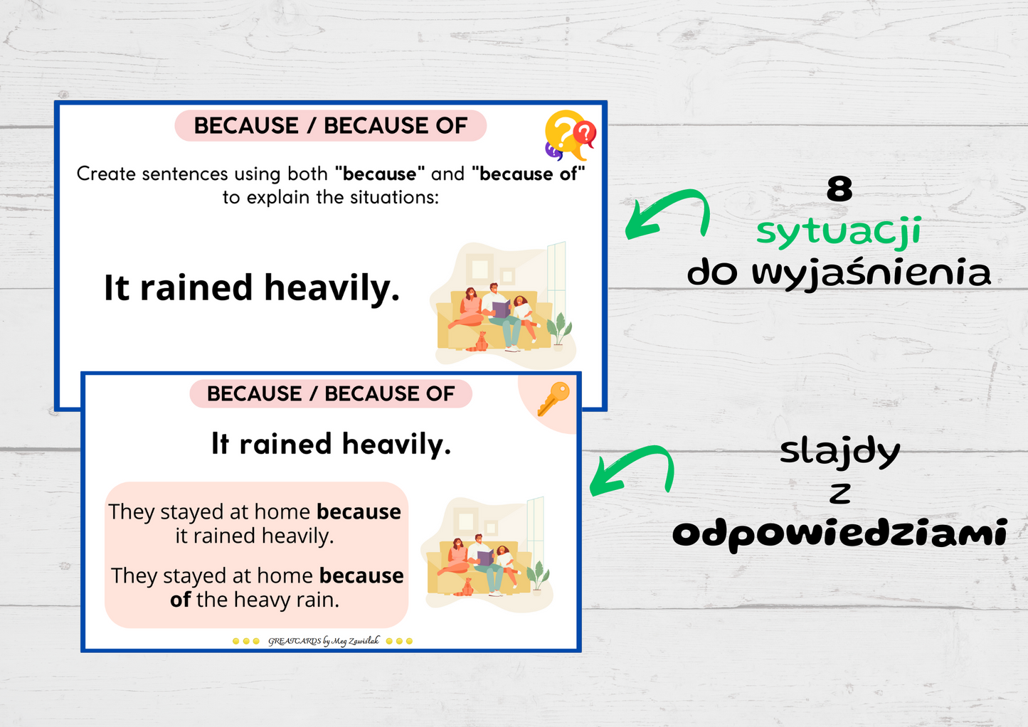 Greatcards - BECAUSE VS BECAUSE OF - expressing the reason