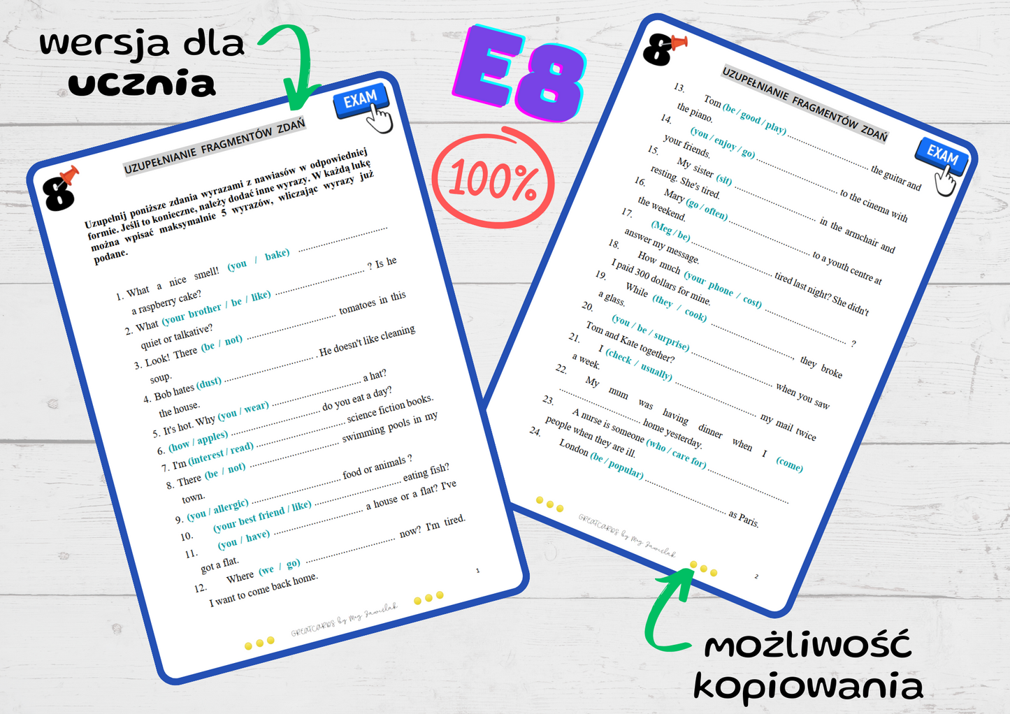 Greatcards E8 - Egzamin Ósmoklasisty z Uśmiechem (uzupełnianie fragmentów zdań)